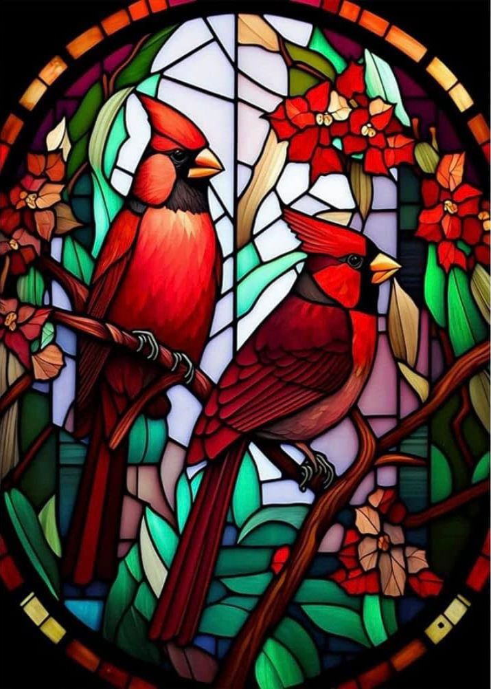 Lienzo "Cardenales en Rama" – 30x40 cm (Diamante redondo)