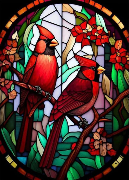 Lienzo "Cardenales en Rama" – 30x40 cm (Diamante redondo)