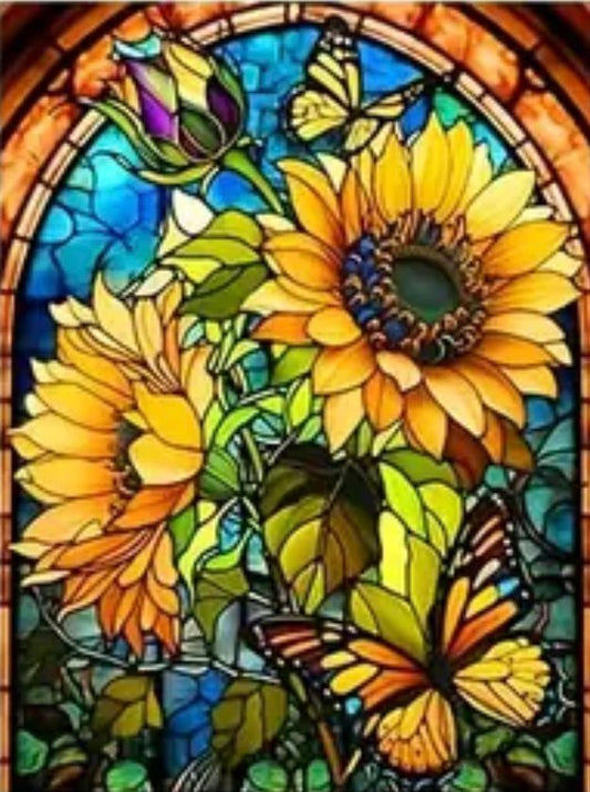 Lienzo "Girasoles y Mariposas" – 30x40 cm (Diamante redondo)